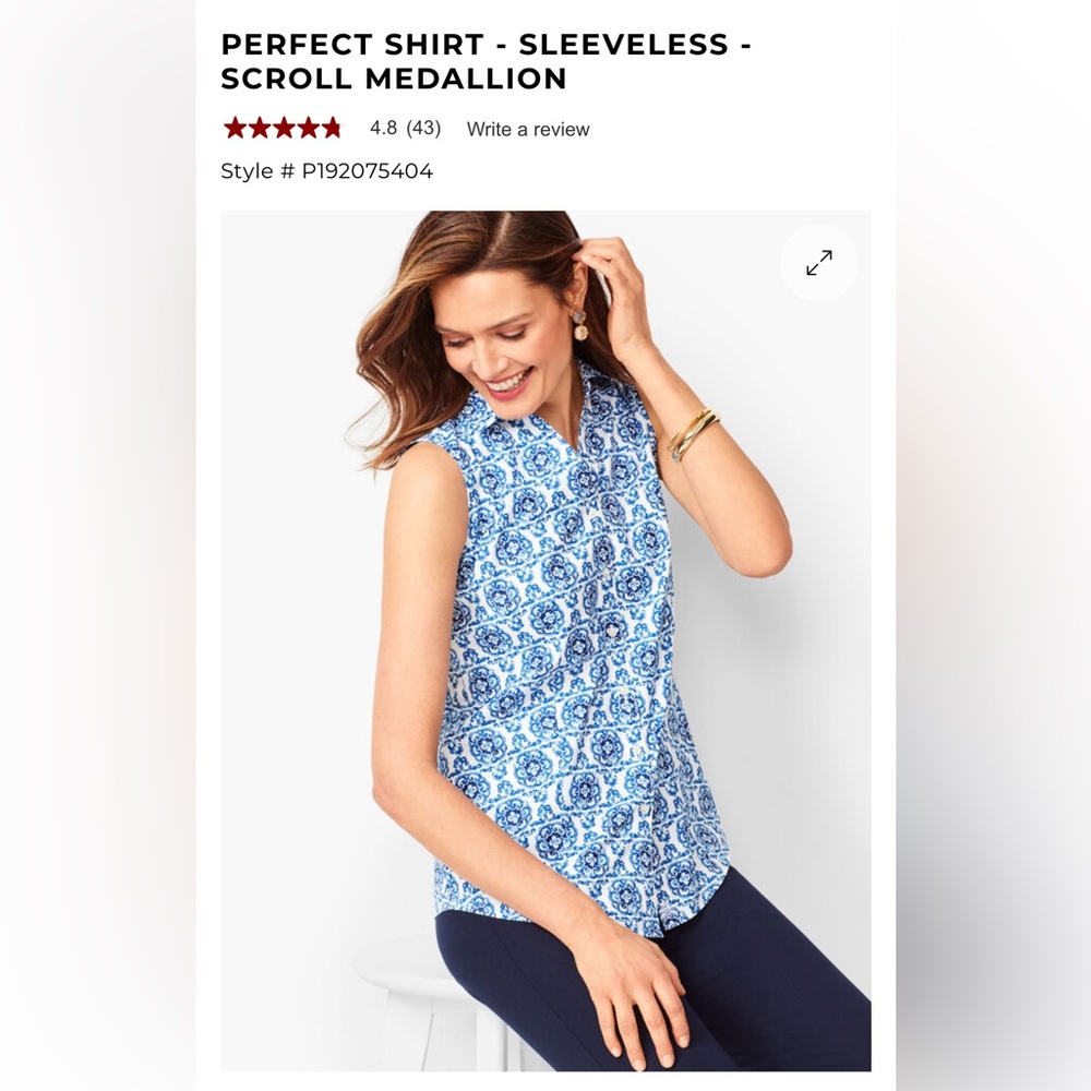 Talbots Perfect Shirt Scroll Medallion Sleeveless Non Iron Blue and White Top